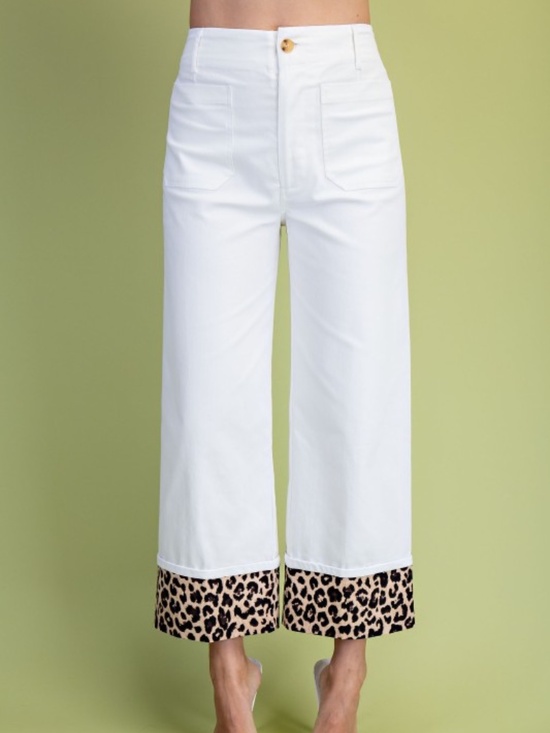 GIGIO Pants - OFF WHITE CROPPED DENIM LIKE PANT WITH LEOPARD PRINT CUFFS SIZE LARGE - NWT